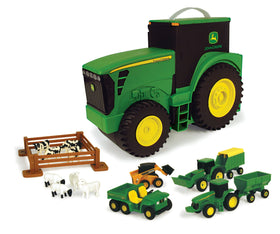 John Deere tractor toy carrying case with front latch for easy storage.