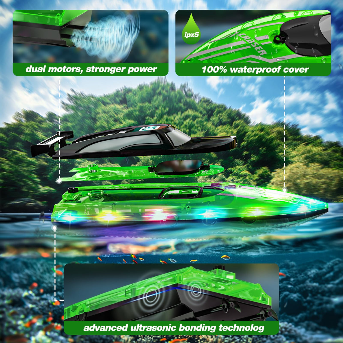 JOI MEW boat cover with LED glow enhances visibility day and night.