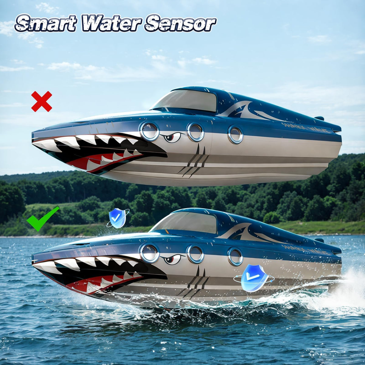 JOI MEW RC boat with dual motors delivering fast acceleration on water.
