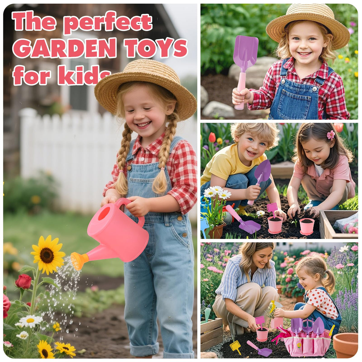 JOI MEW kid pink gardening tools set with gloves for safe play
