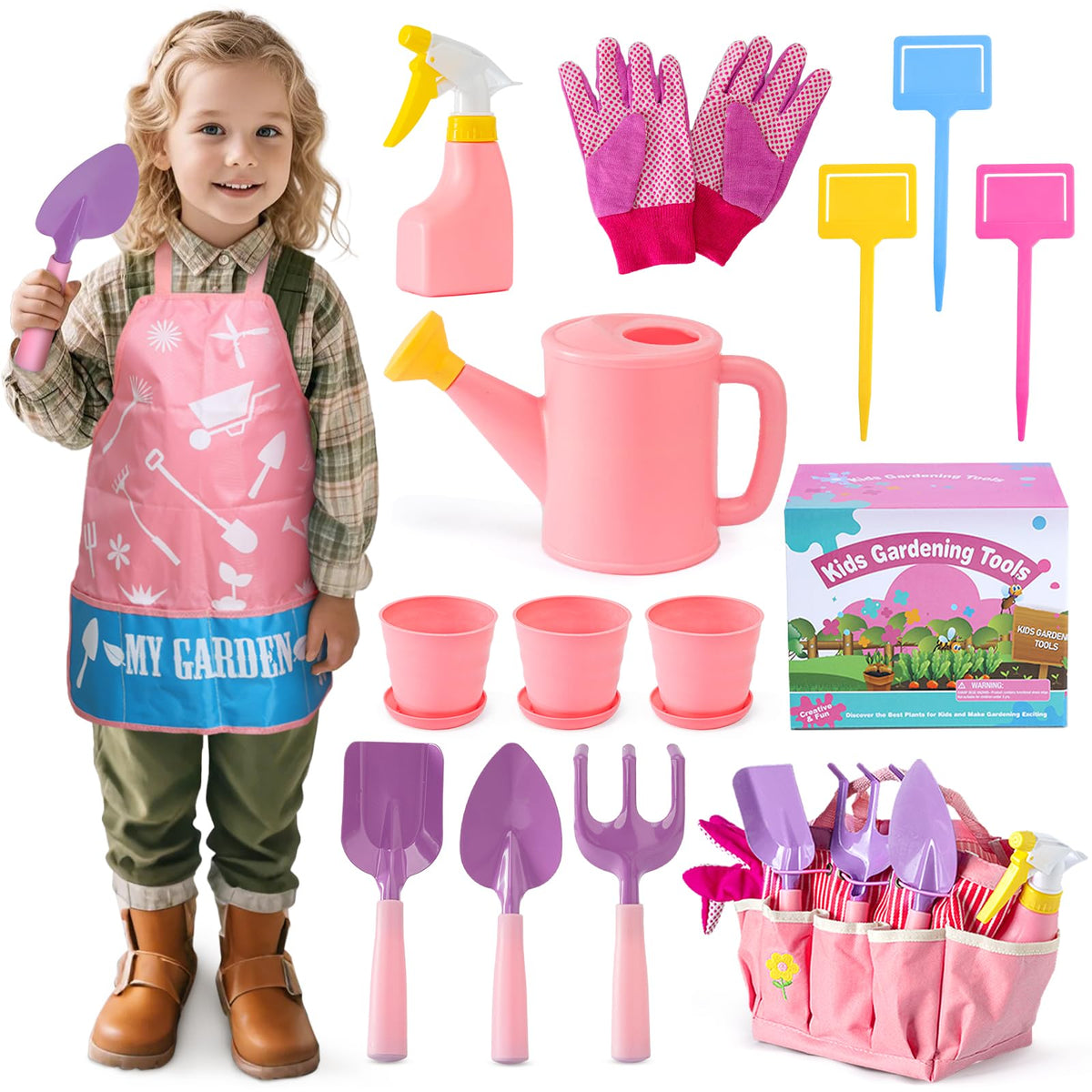 JOI MEW kid-friendly pink gardening tool with metal rake for durable outdoor play