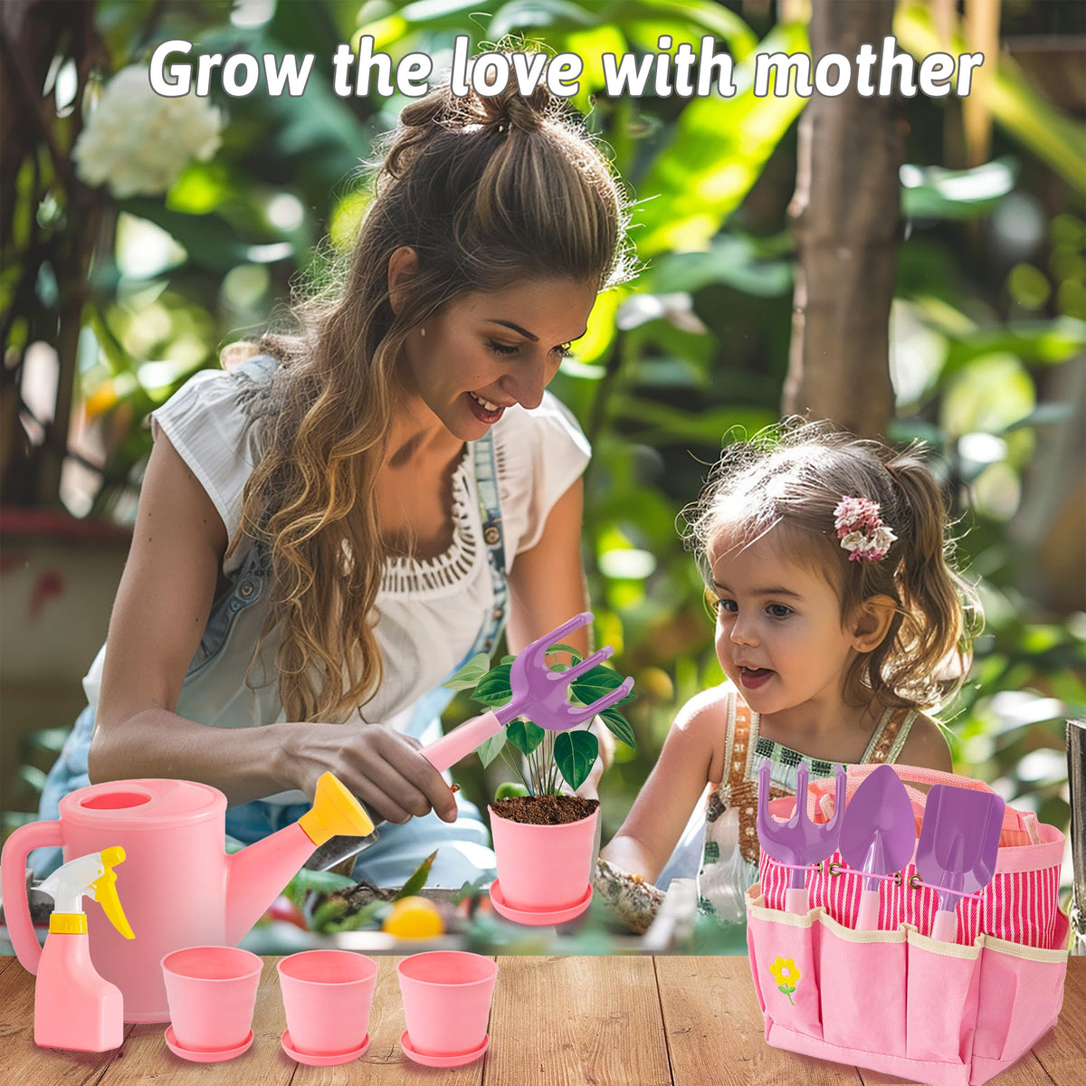 JOI MEW kid pink gardening tools set with tote bag for easy carrying