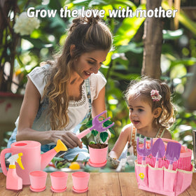 JOI MEW kid pink gardening tools set with tote bag for easy carrying