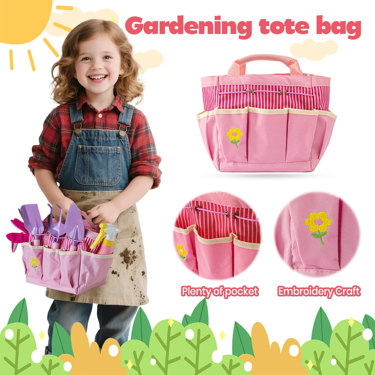 JOI MEW kid pink gardening tools set with watering can for refreshing plants