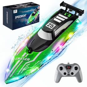 JOI MEW RC boat with LED lights for exciting night-time pool fun.