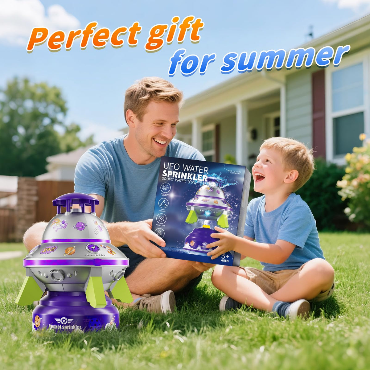 JOI MEW UFO sprinkler is a backyard ready gift for kids ages 3 to 12