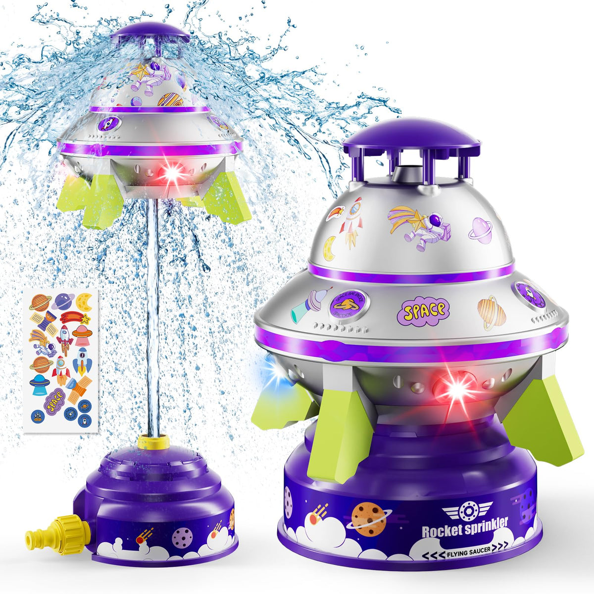 JOI MEW UFO water sprinkler with LED lights for magical backyard play and splash fun