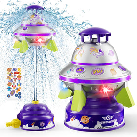 JOI MEW UFO water sprinkler with LED lights for magical backyard play and splash fun