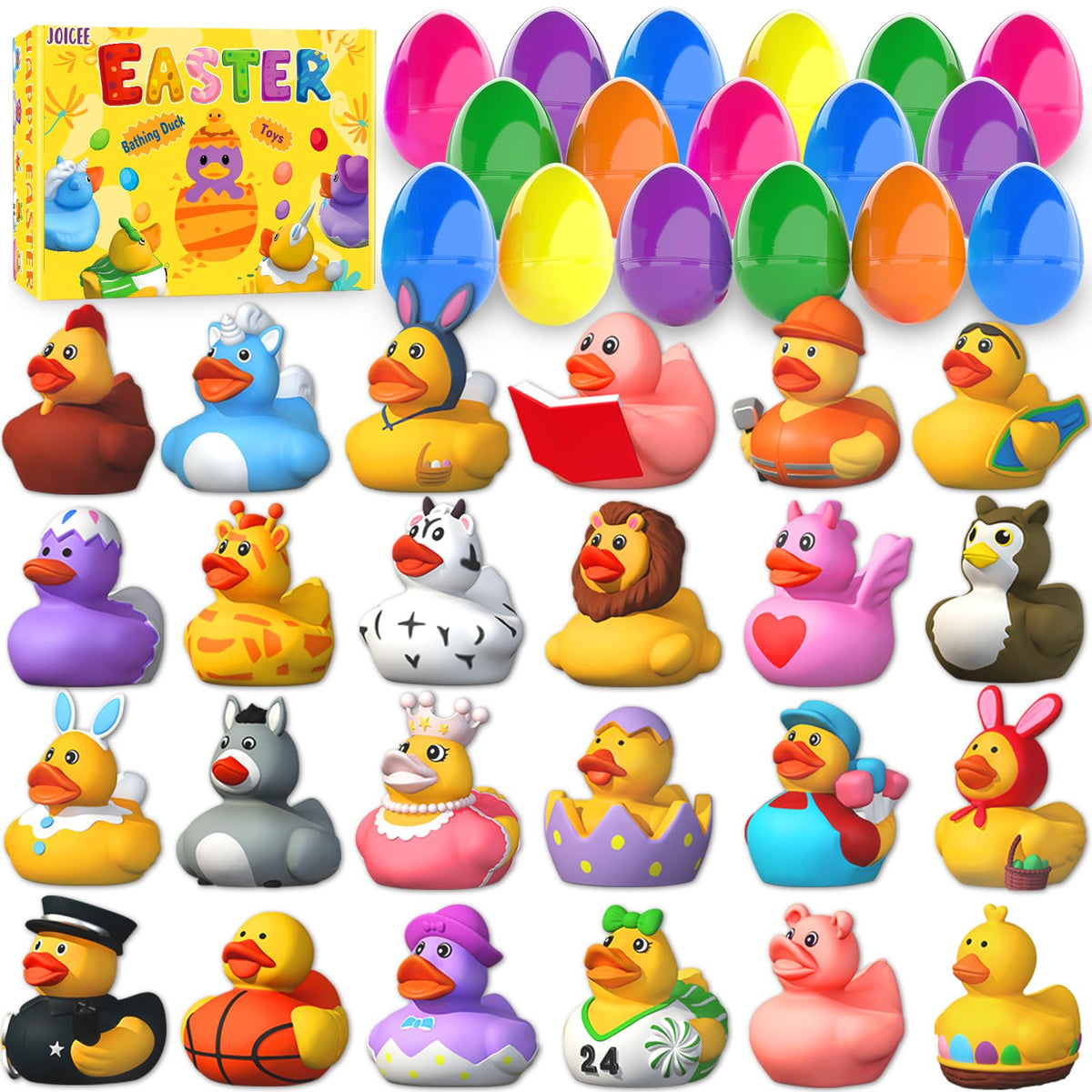 JOICEE Easter eggs with rubber ducks set for playful bath time and Easter decor.