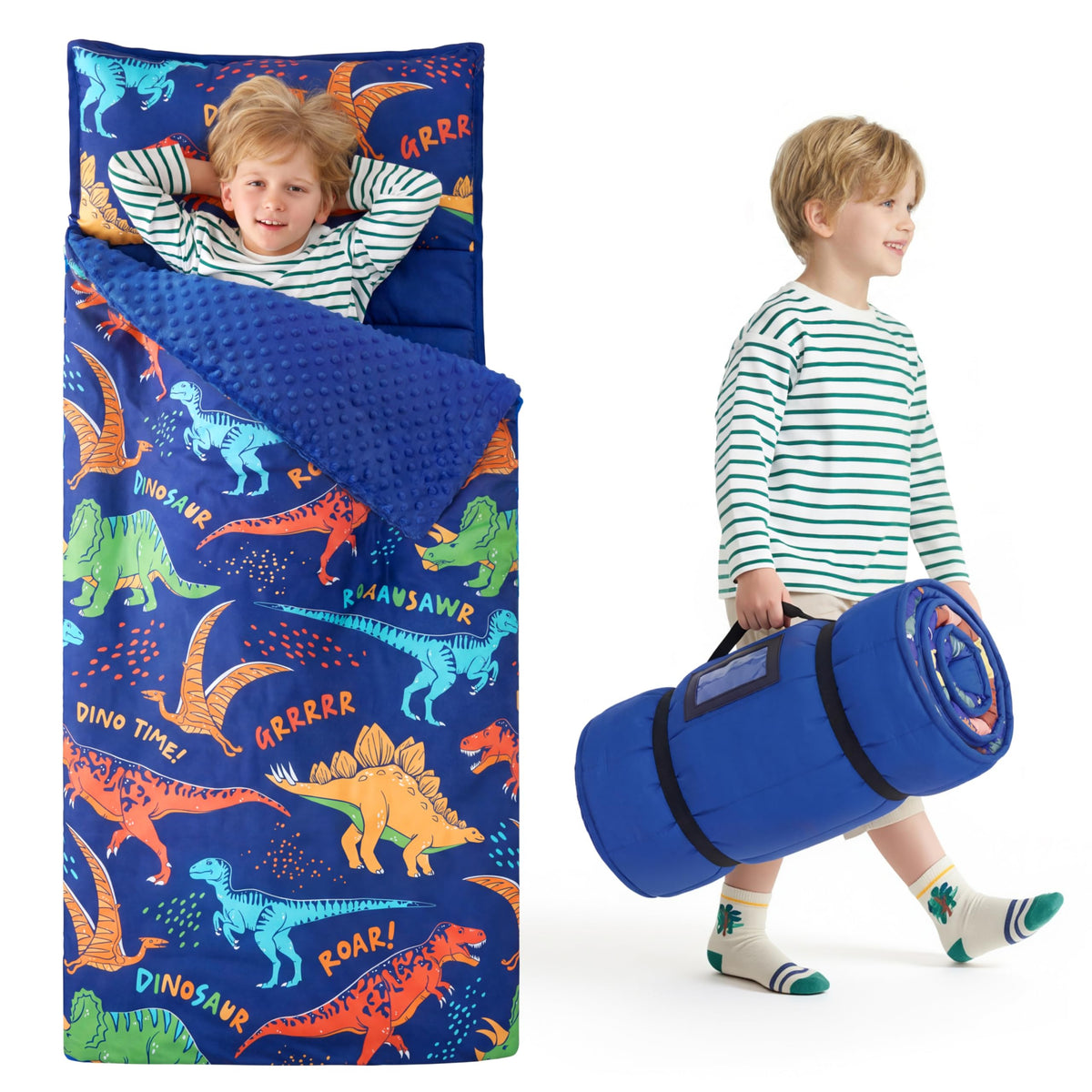 Joiedomi toddler nap mat rolled with handle for easy transport.