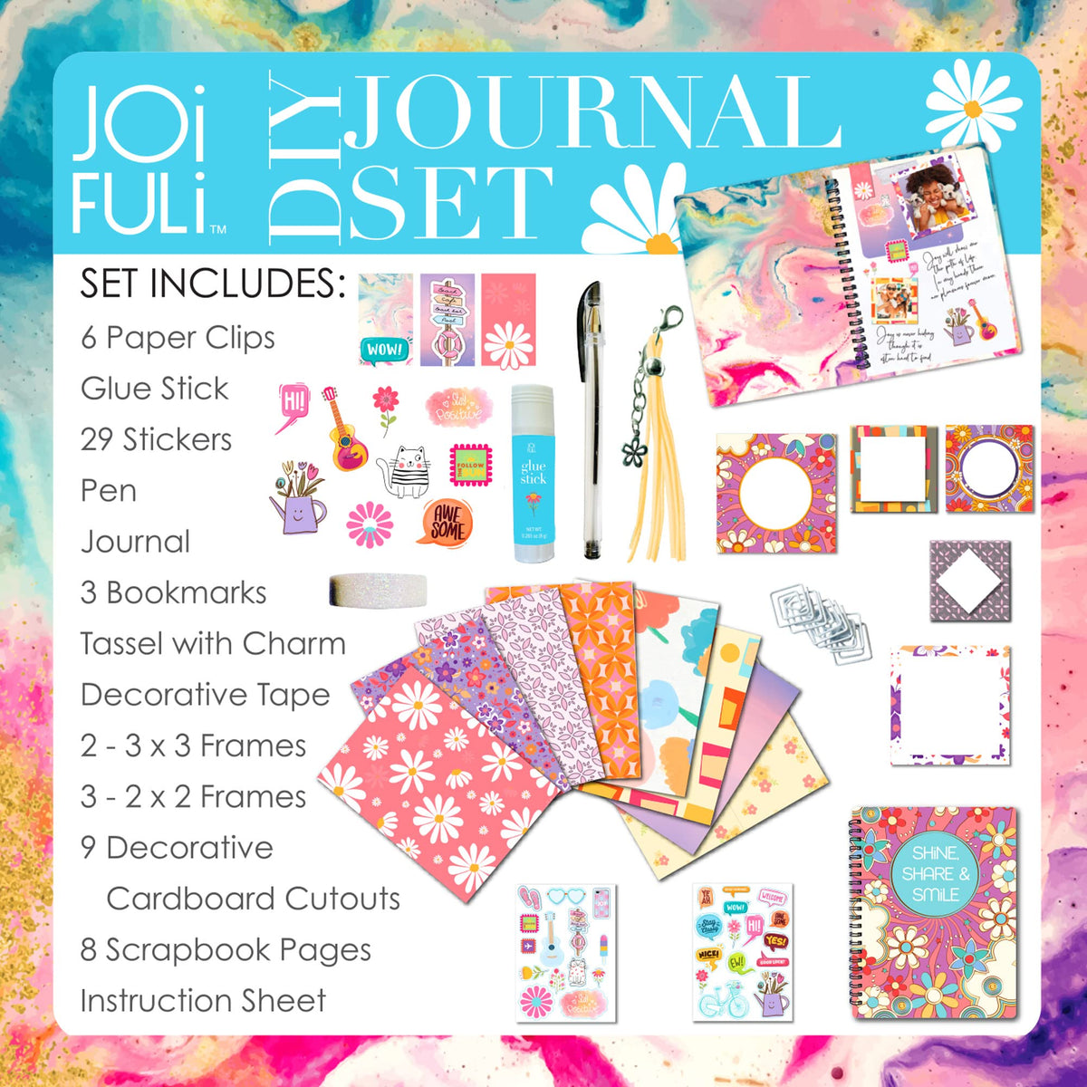 JOiFULi DIY Journal Set page decorating, inspiring kids to layer memories with stickers and frames.