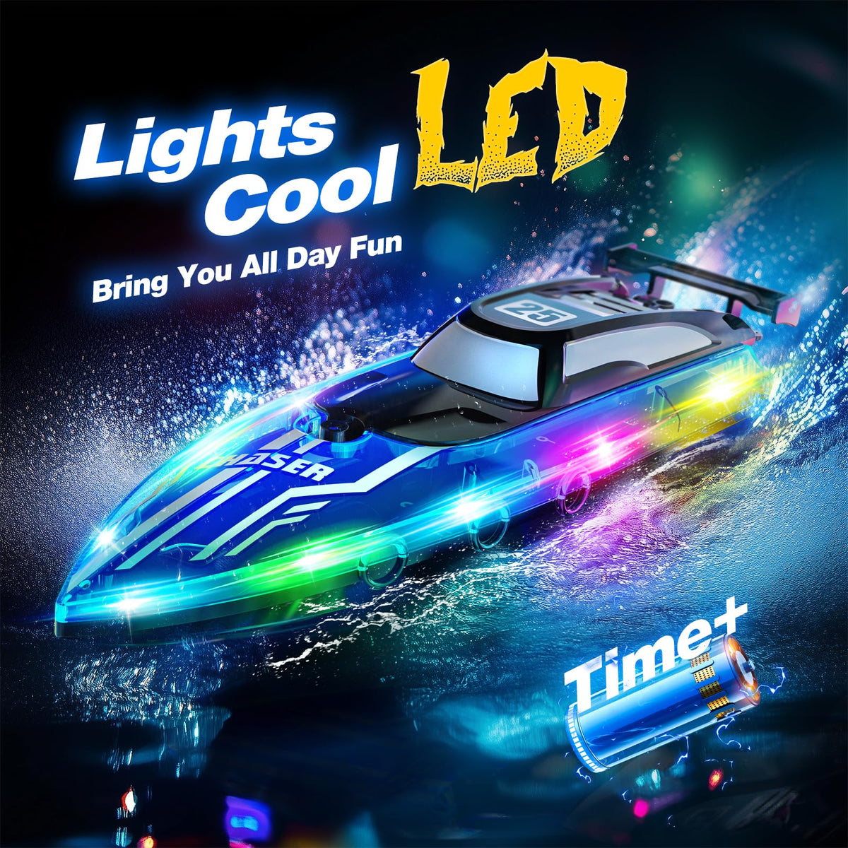 JOI MEW RC Boat shown with 2.4 GHz remote for precise steering.