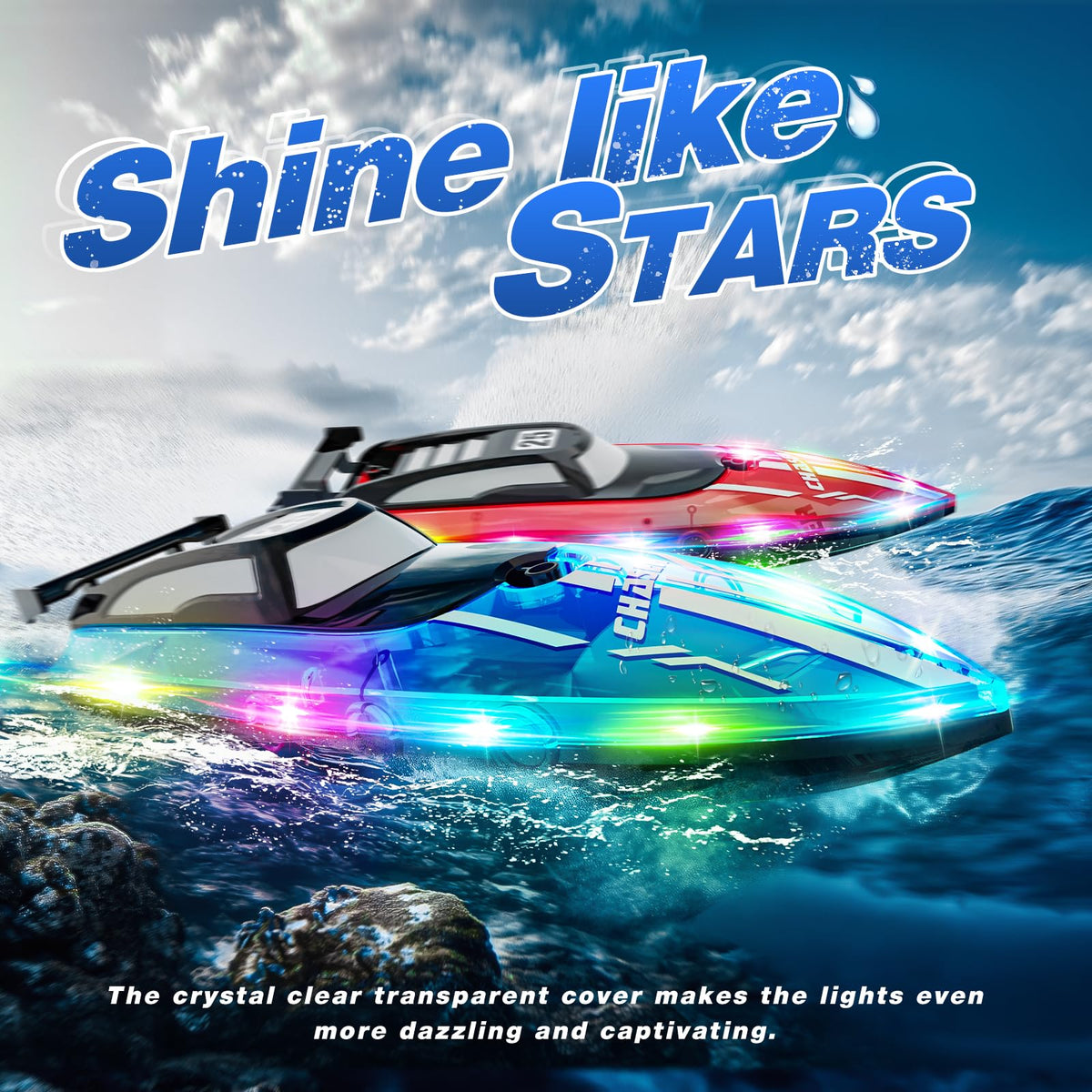 JOI MEW RC Boat highlighting the dual motor system for speed and stability.