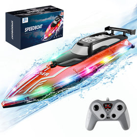 JOI MEW RC boat gift-ready presentation with red hull and clear cover