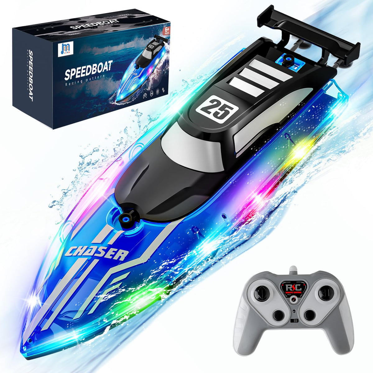 JOI MEW RC Boat with LED lights for night time fun in pools and lakes.