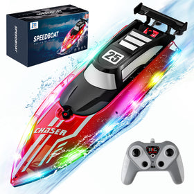 JOI MEW RC boat with bright LED lights for night-time visibility on pools and lakes