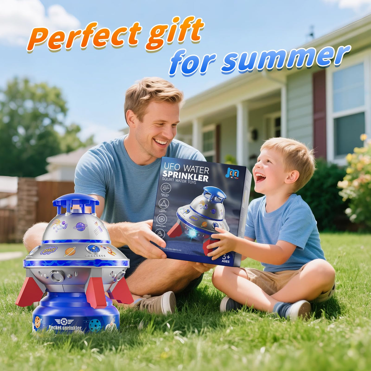 JOI MEW bright LED lights enhance nighttime sprinkler fun.