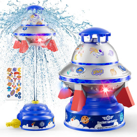 JOI MEW UFO sprinkler with lights spinning for magical outdoor play.