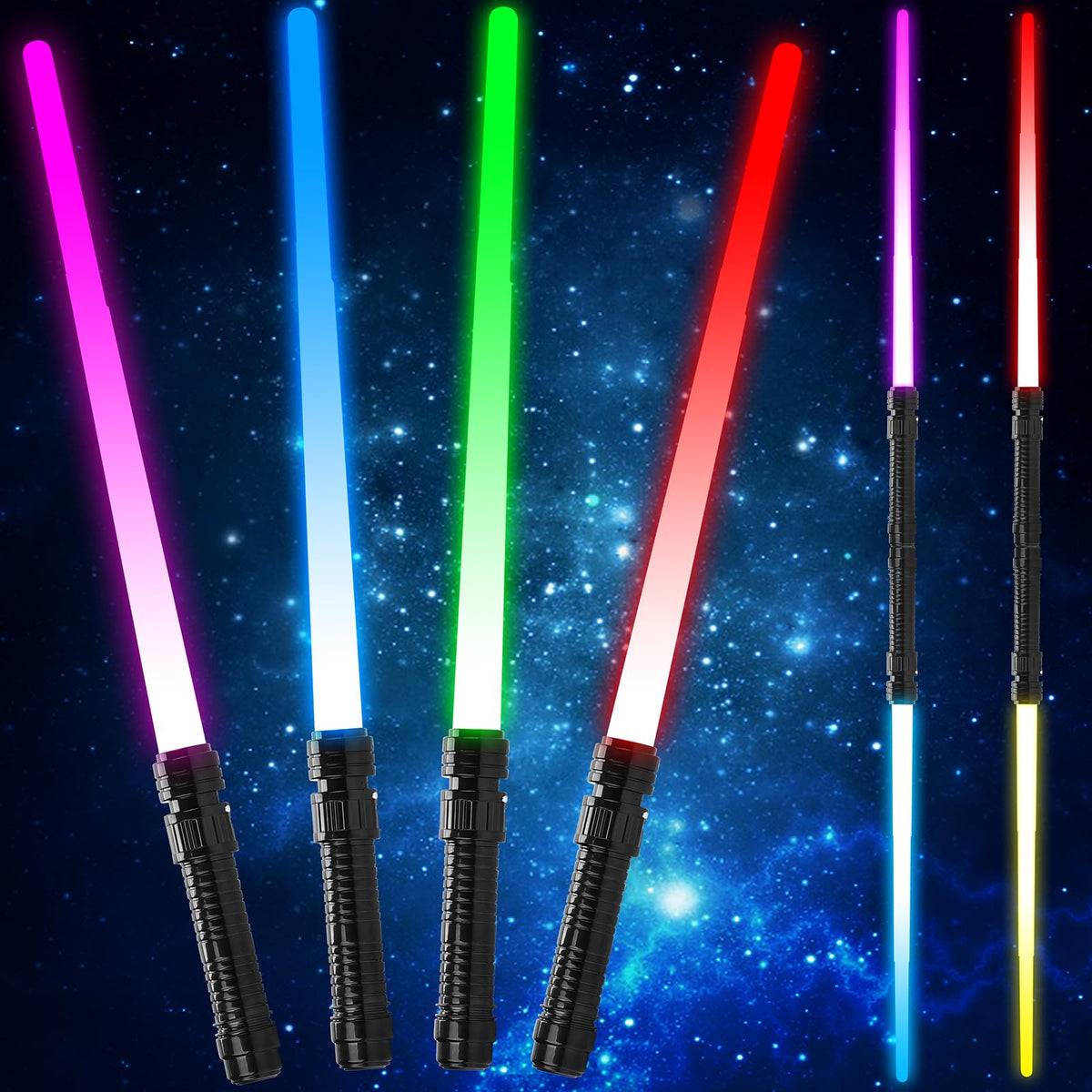 JOINBO light up swords for kids four-pack with vibrant LEDs and motion-activated sound.
