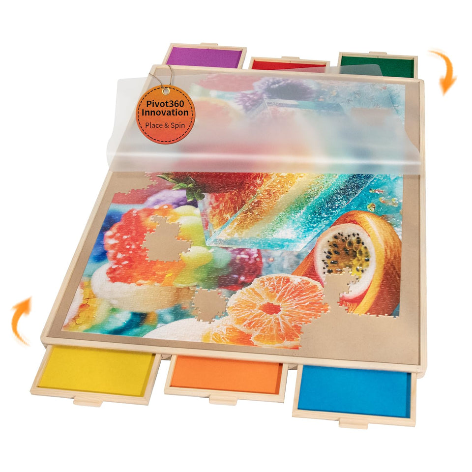 Join&Joy 1500-piece puzzle board Pro with six colorful drawers for organized puzzles