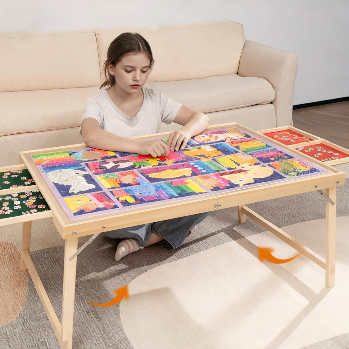 JOIN&JOY foldable puzzle table with extended legs for stable, comfortable puzzling.