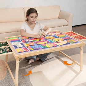JOIN&JOY foldable puzzle table with extended legs for stable, comfortable puzzling.