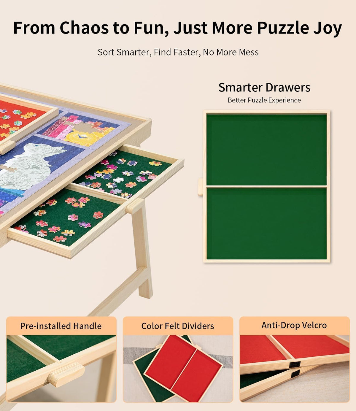 JOIN&JOY drawers keep pieces and tools neatly within reach.