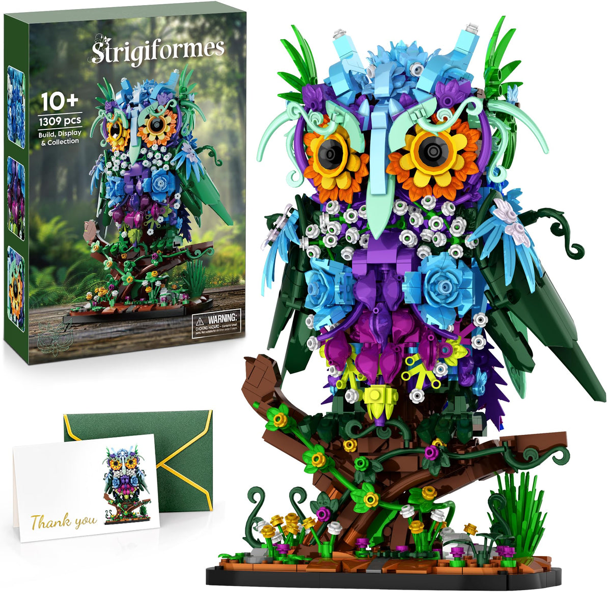 JOJO&Peach floral owl on a branch with vibrant wildflowers for display.
