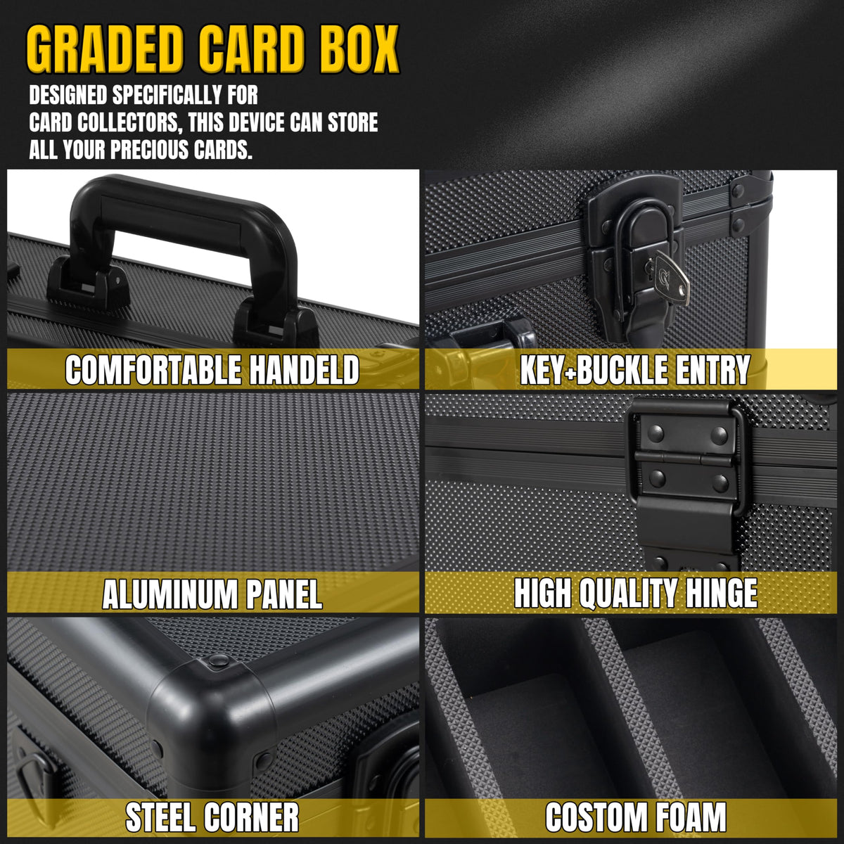 JOJOUP adjustable sponge partitions accommodate 3x4 toploader cards and slabs.
