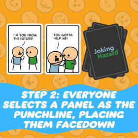 Joking Hazard players laugh together around a table during a round