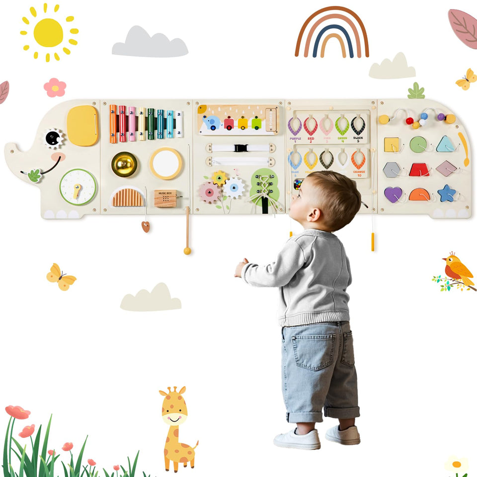 Jolie Vallée Elephant wall panel with Montessori activities for hands-on learning