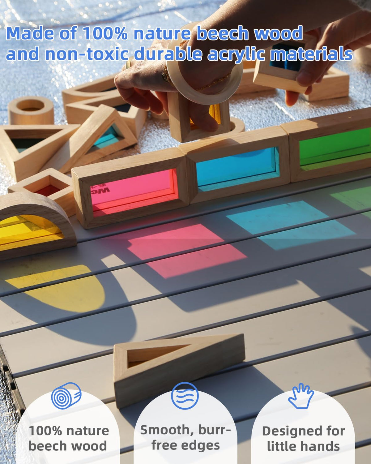 Blocks on a light table reveal rainbow accents for sensory exploration.