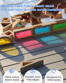 Blocks on a light table reveal rainbow accents for sensory exploration.
