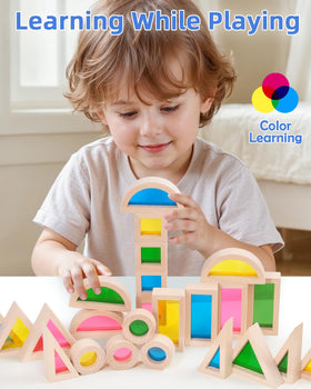 Kids sorting and building with rainbow windows to boost fine motor skills.