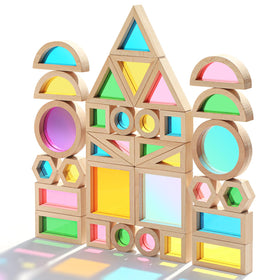JOLKID wooden building blocks set with 32 pieces arranged for creative play promoting early STEM skills.