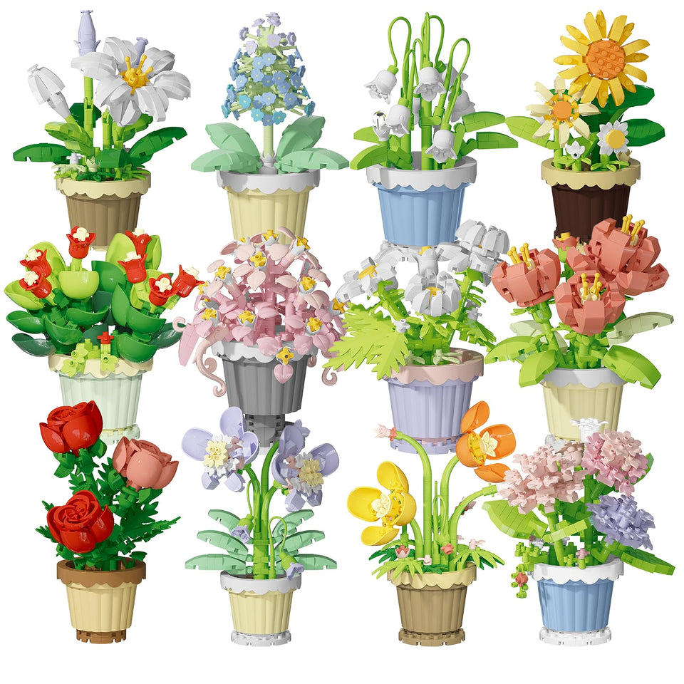 Jollcnoia bonsai flower blocks on a desk create a calming botanical display.