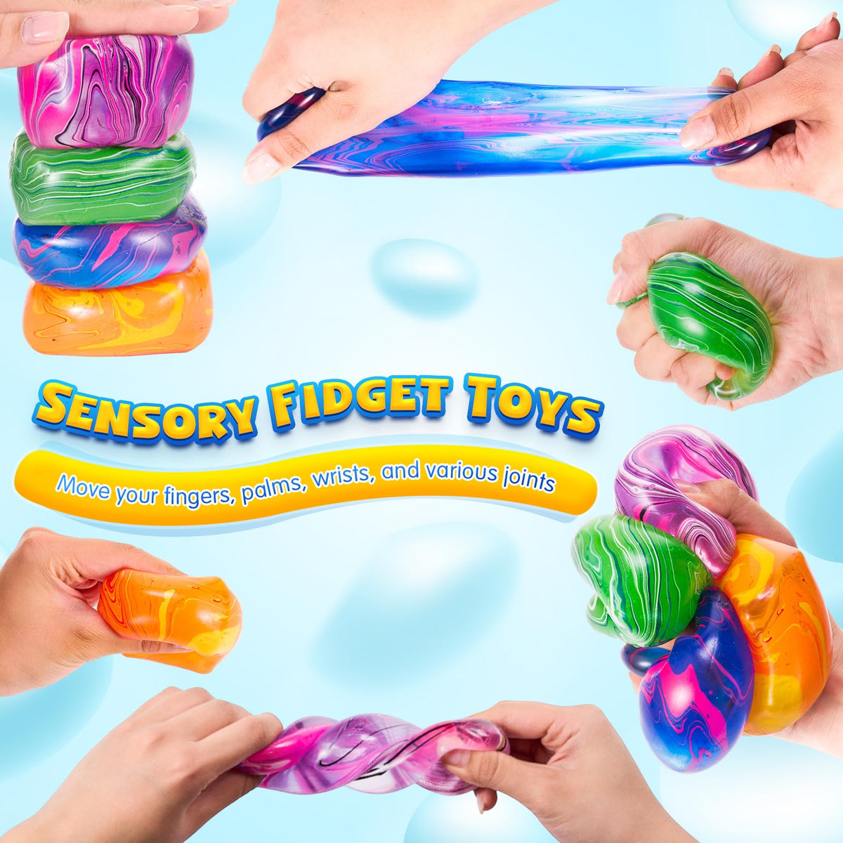 JolliLudo gummy squeeze cubes on a desk display for office use