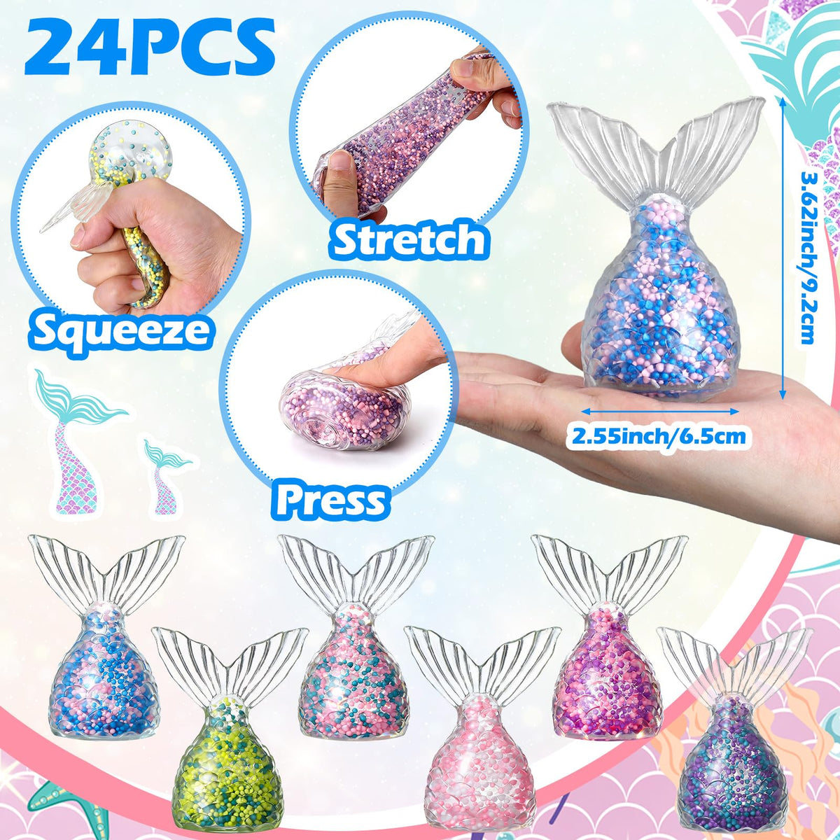 JolliLudo mermaid stress ball in hand showing ergonomic grip for easy squeezing.
