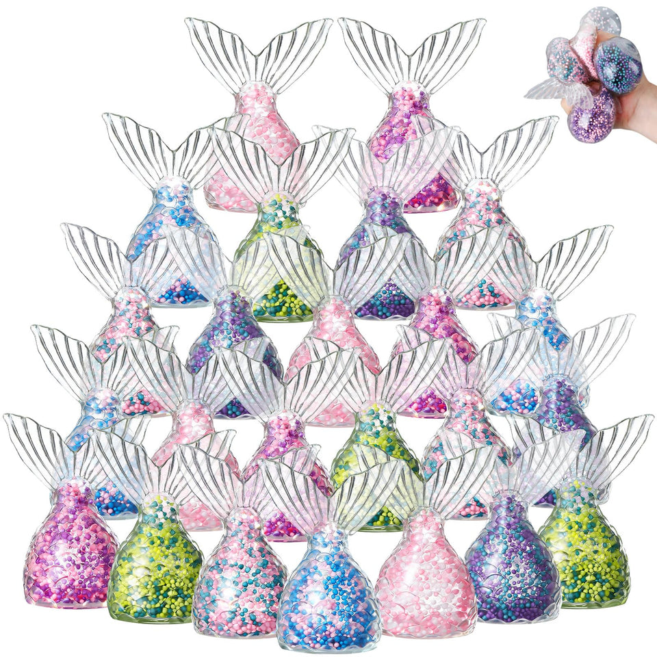JolliLudo mermaid stress relief ball 24-pack, ideal for party favors and quick relaxation.