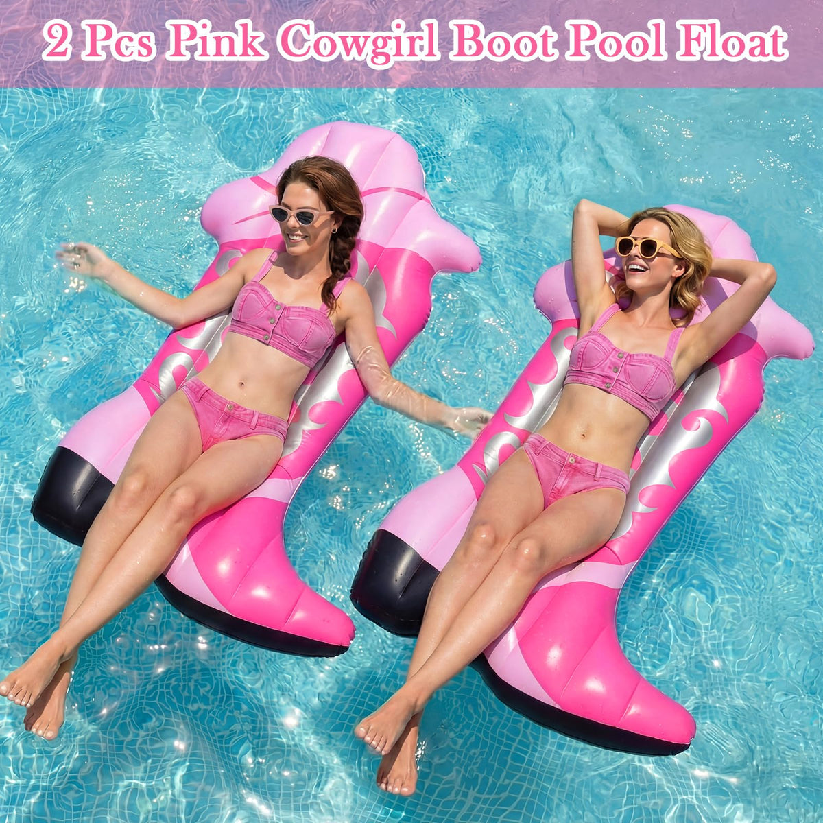 JolliLudo pink cowgirl boot pool float, two-pack set, great for group lounging.
