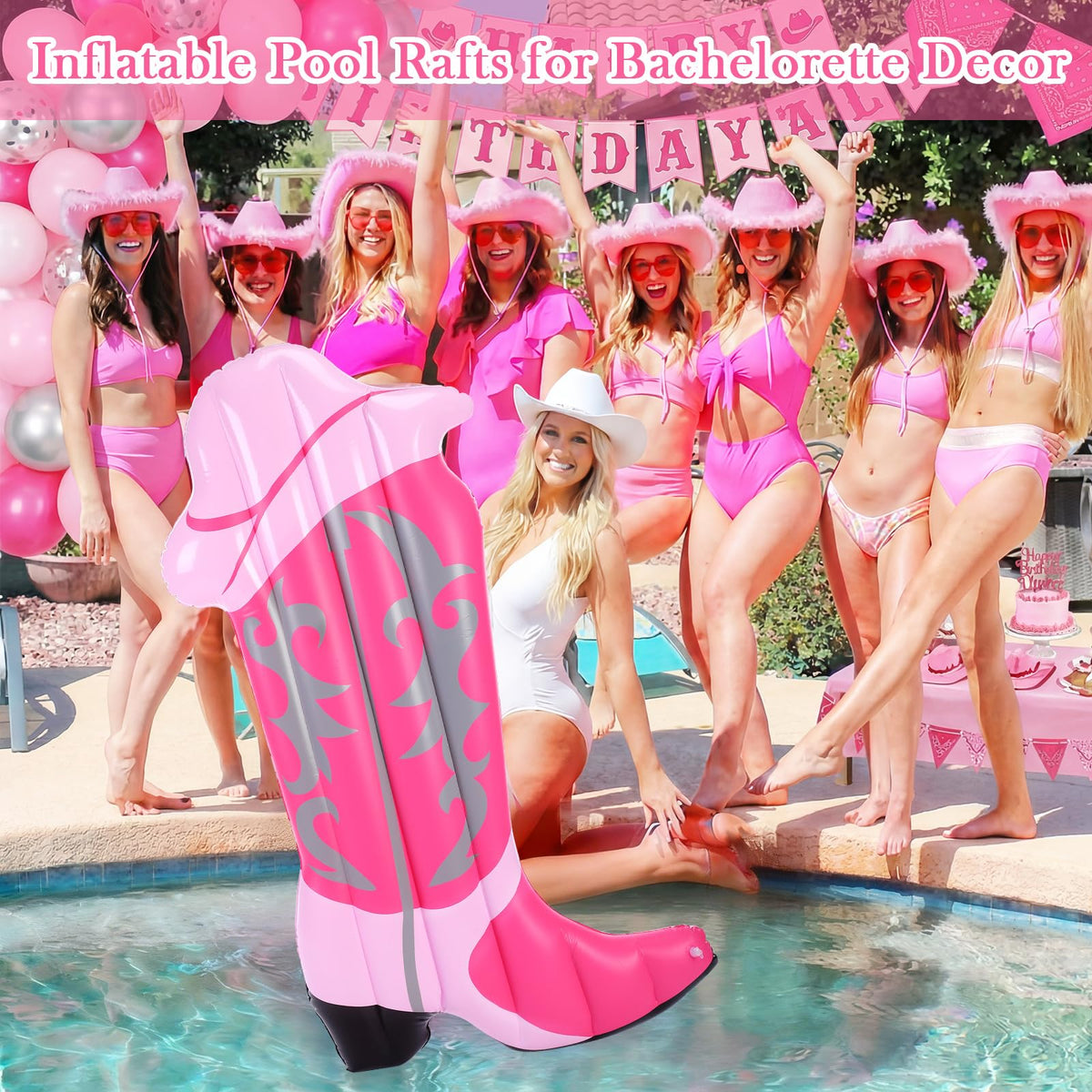 JolliLudo pink cowgirl boot pool float, large 4.6 ft size, spacious comfort.