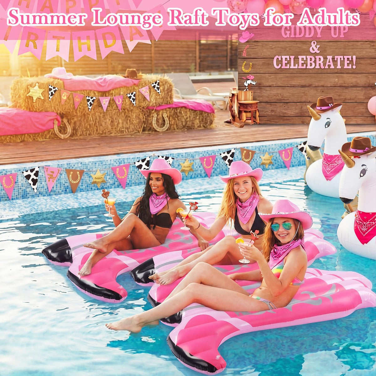 JolliLudo pink cowgirl boot pool float, playful pool toy for celebrations.