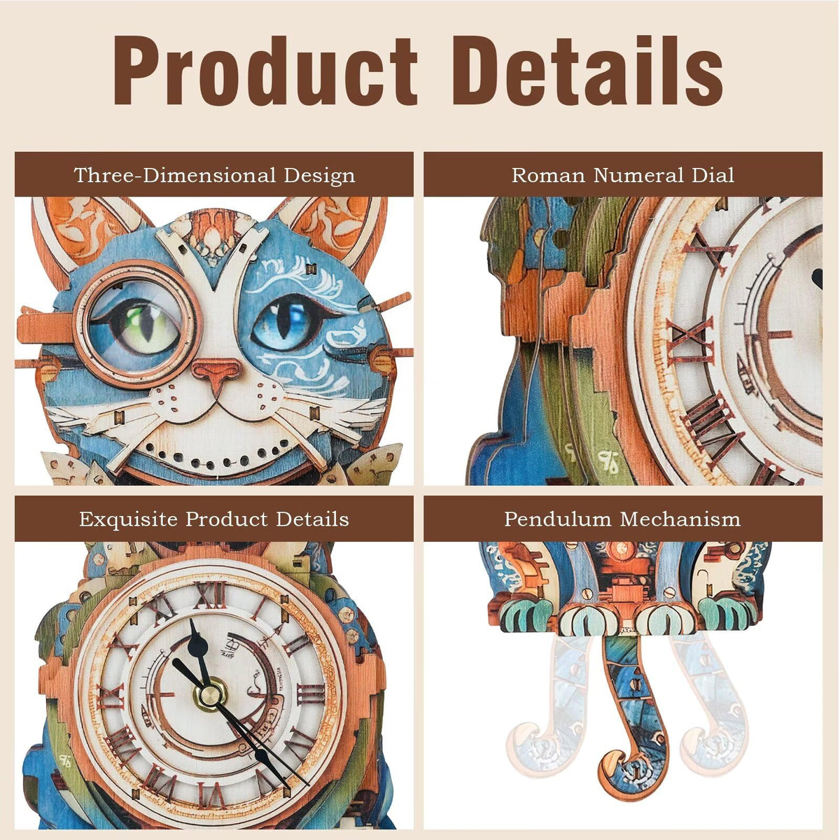 Jollitot colorful cat clock puzzle inlay adds vibrant wall accents