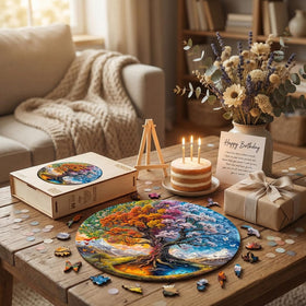 Jollitot four seasons mandala artwork inspiring cozy family puzzle time.