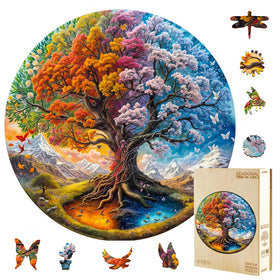Jollitot Tree of Life round puzzle front view with vibrant seasonal mandala design for wall display.
