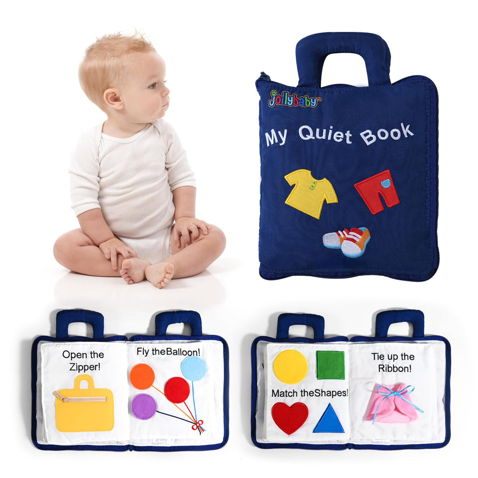 Jollybaby 10-page busy book blue cover featuring Montessori scenes for early learning