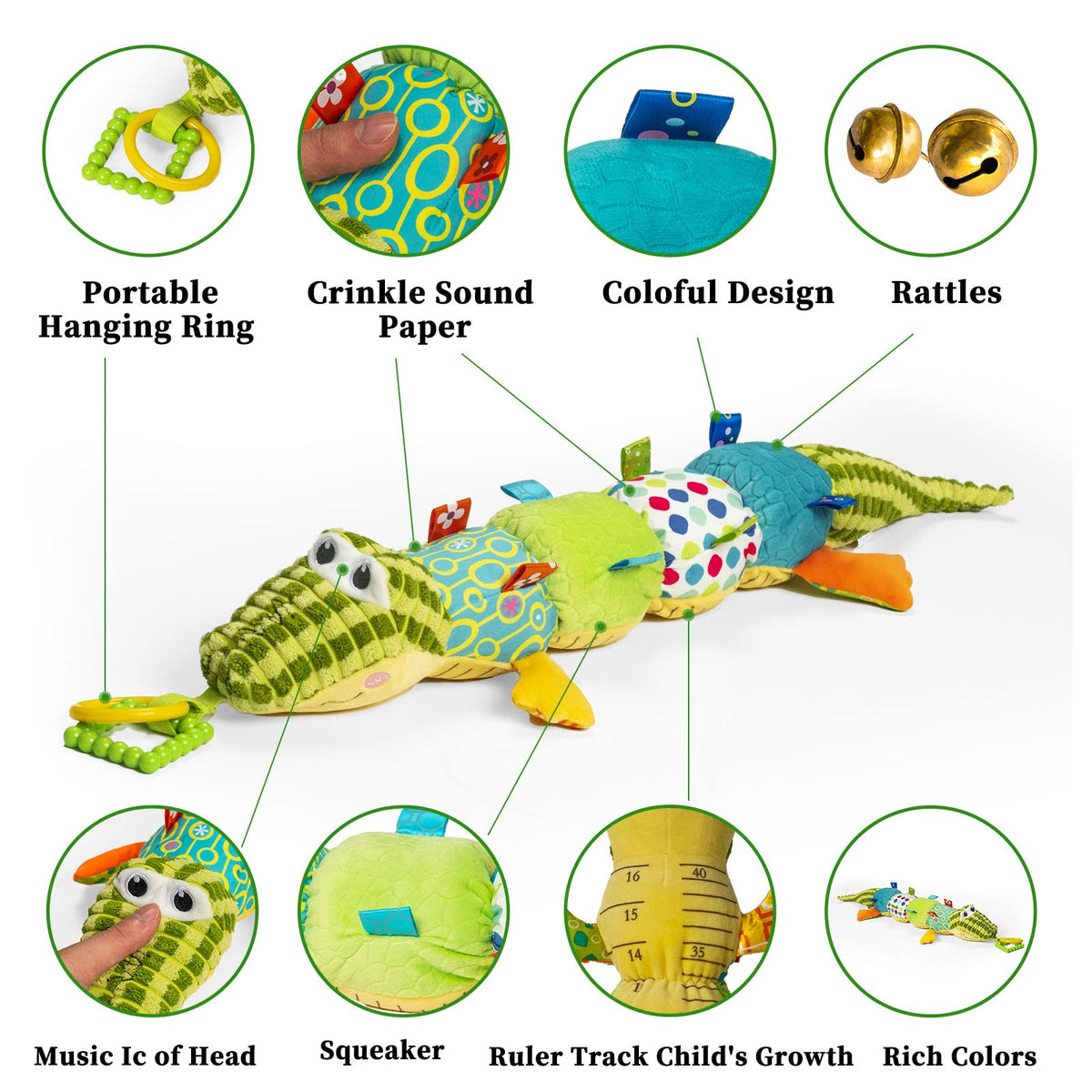 Jollybaby Alligator plush toy provides soft comfort for quiet moments.
