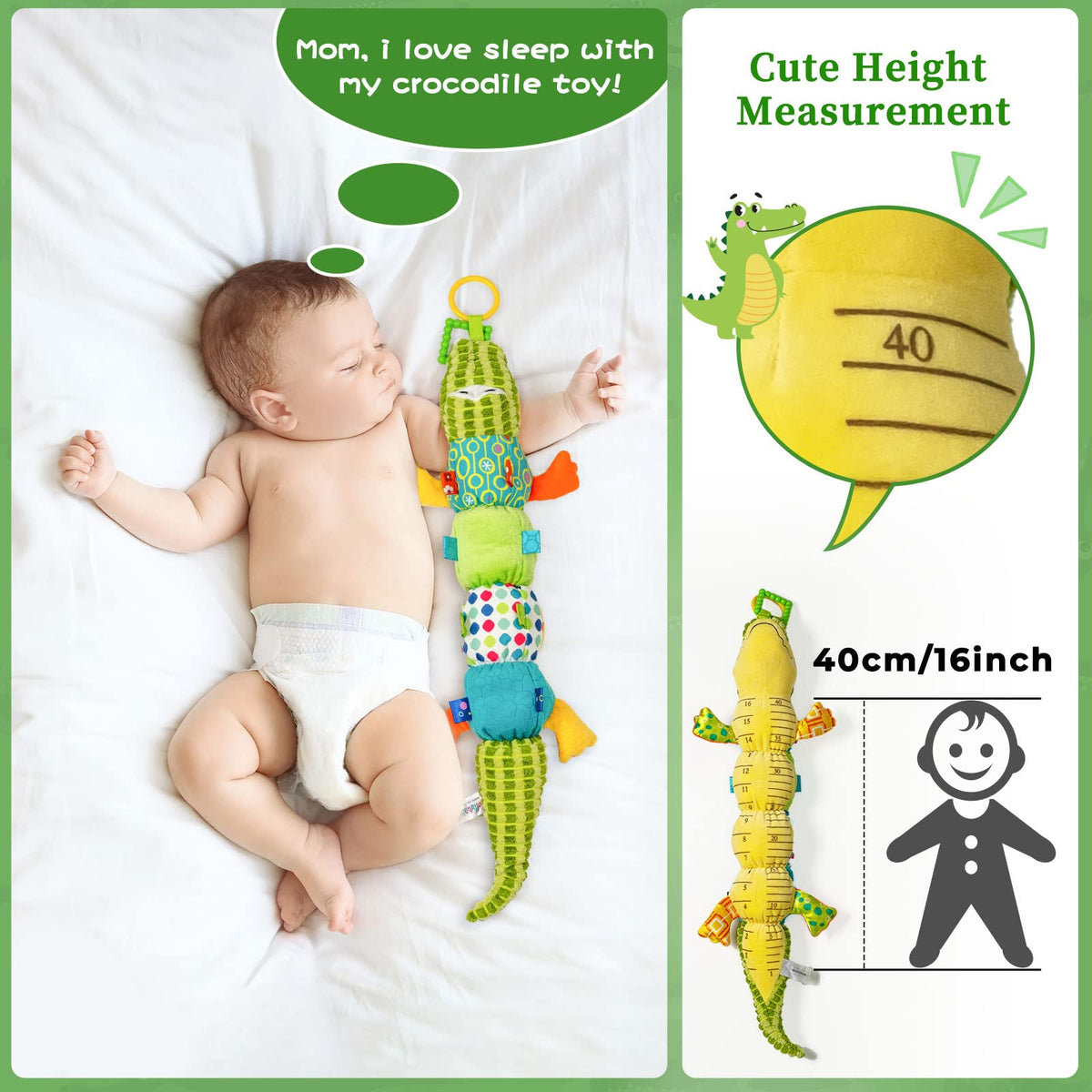 Jollybaby Alligator rattle and squeak stimulate auditory interaction during play.