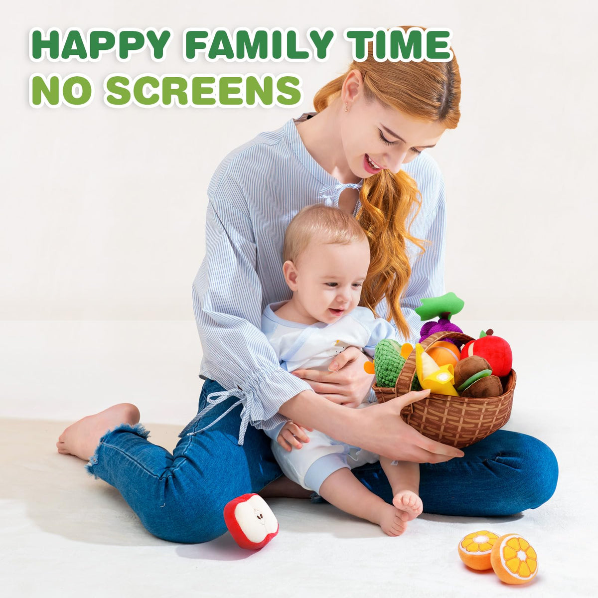 Jollybaby apple plush fruit for baby’s safe, screen-free playtime.