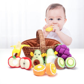 Jollybaby avocado plush fruit for babies supports tactile exploration and imaginative play.